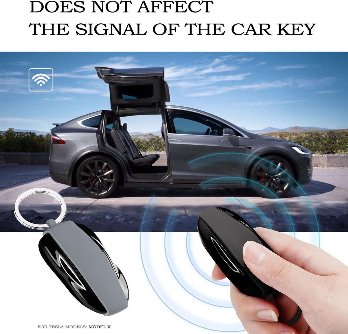 Key Fob Cover for Tesla Model X, 2 Pack Silicone Car Keychain Key Cover Protector Case Holder with Key Ring Chain for Tesla Model X Accessories, Not Include Key (Black+ Gery)