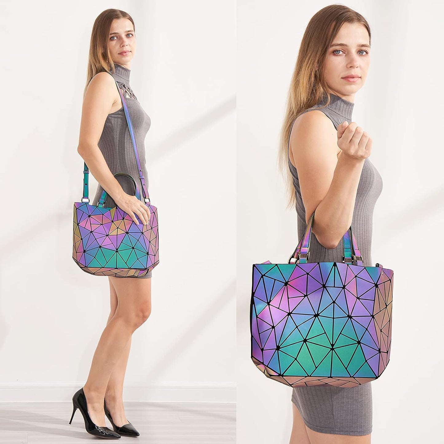 Geometric Luminous Tote Bag Crossbody Handbag Holographic Reflective Women Girl Fashion Shoulder Bag (Crossbody Bag)