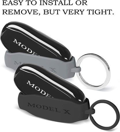 Key Fob Cover for Tesla Model X, 2 Pack Silicone Car Keychain Key Cover Protector Case Holder with Key Ring Chain for Tesla Model X Accessories, Not Include Key (Black+ Gery)