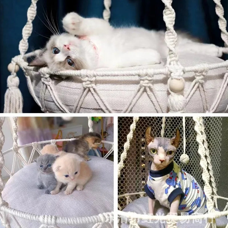 Winter Pet Hammock Cat Swing Hand Woven Cotton Rope Cats Hanging Basket Kitten Hanging String Den Indoor Pend Nest Pet Supplies